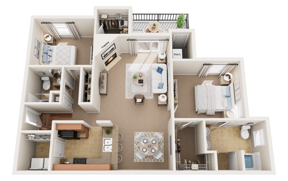 2X2 - A - 2 bedroom floorplan layout with 2 bathrooms and 1451 square feet
