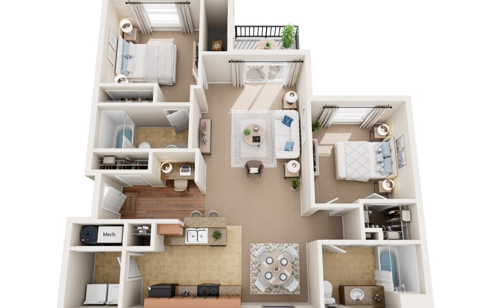 2X2 - B - 2 bedroom floorplan layout with 2 bathrooms and 1150 square feet