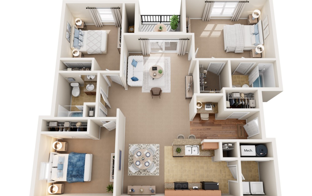 3X2 - 3 bedroom floorplan layout with 2 bathrooms and 1398 square feet
