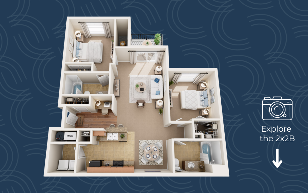 2X2 - B - 2 bedroom floorplan layout with 2 bathrooms and 1150 square feet