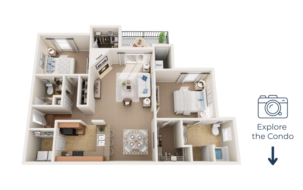 2X2 - A - 2 bedroom floorplan layout with 2 bathrooms and 1451 square feet