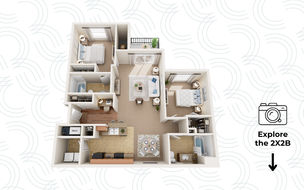2X2 - B - 2 bedroom floorplan layout with 2 bathrooms and 1150 square feet