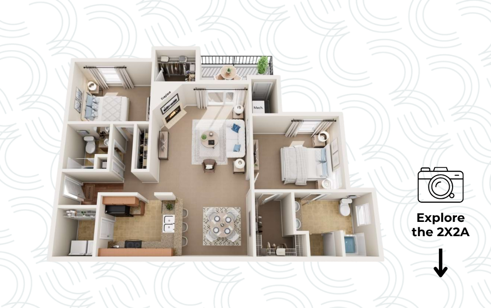 2X2 - A - 2 bedroom floorplan layout with 2 bathrooms and 1451 square feet