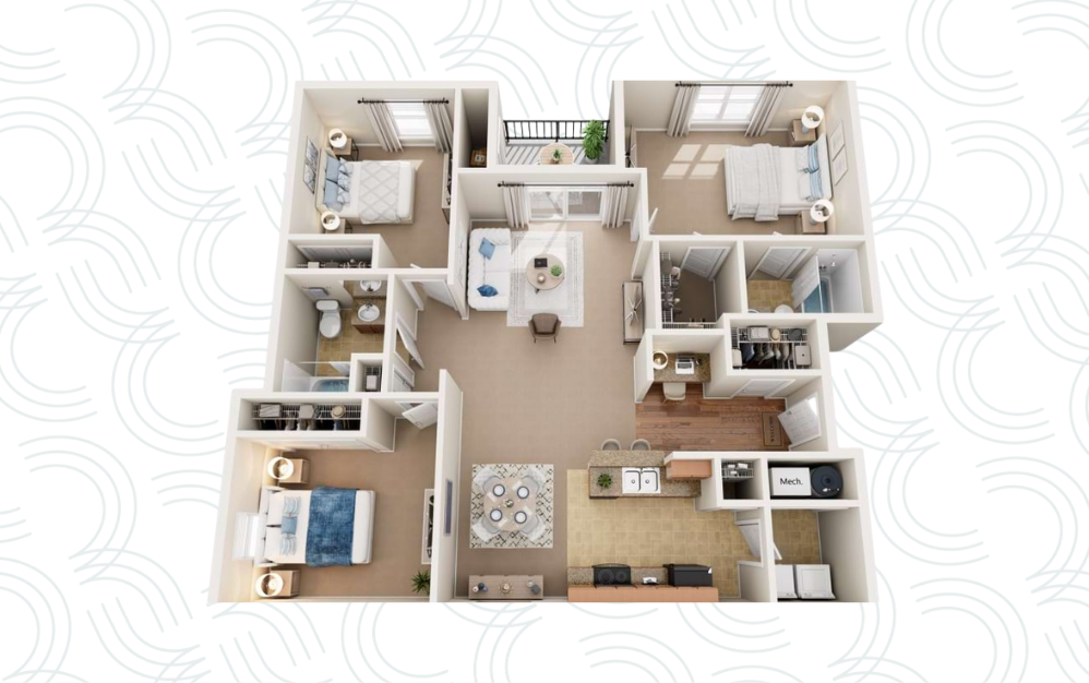 3X2 - 3 bedroom floorplan layout with 2 bathrooms and 1398 square feet